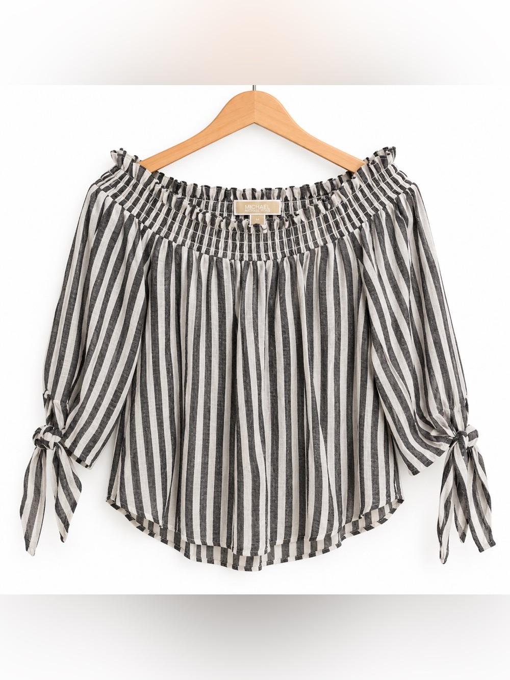 Michael Kors Black White Striped Linen Blend Off Shoulder Blouse M Tie Sleeve